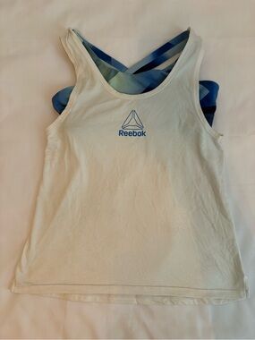 Reebok White Tank Top with Blue Logo and Blue Strappy Back